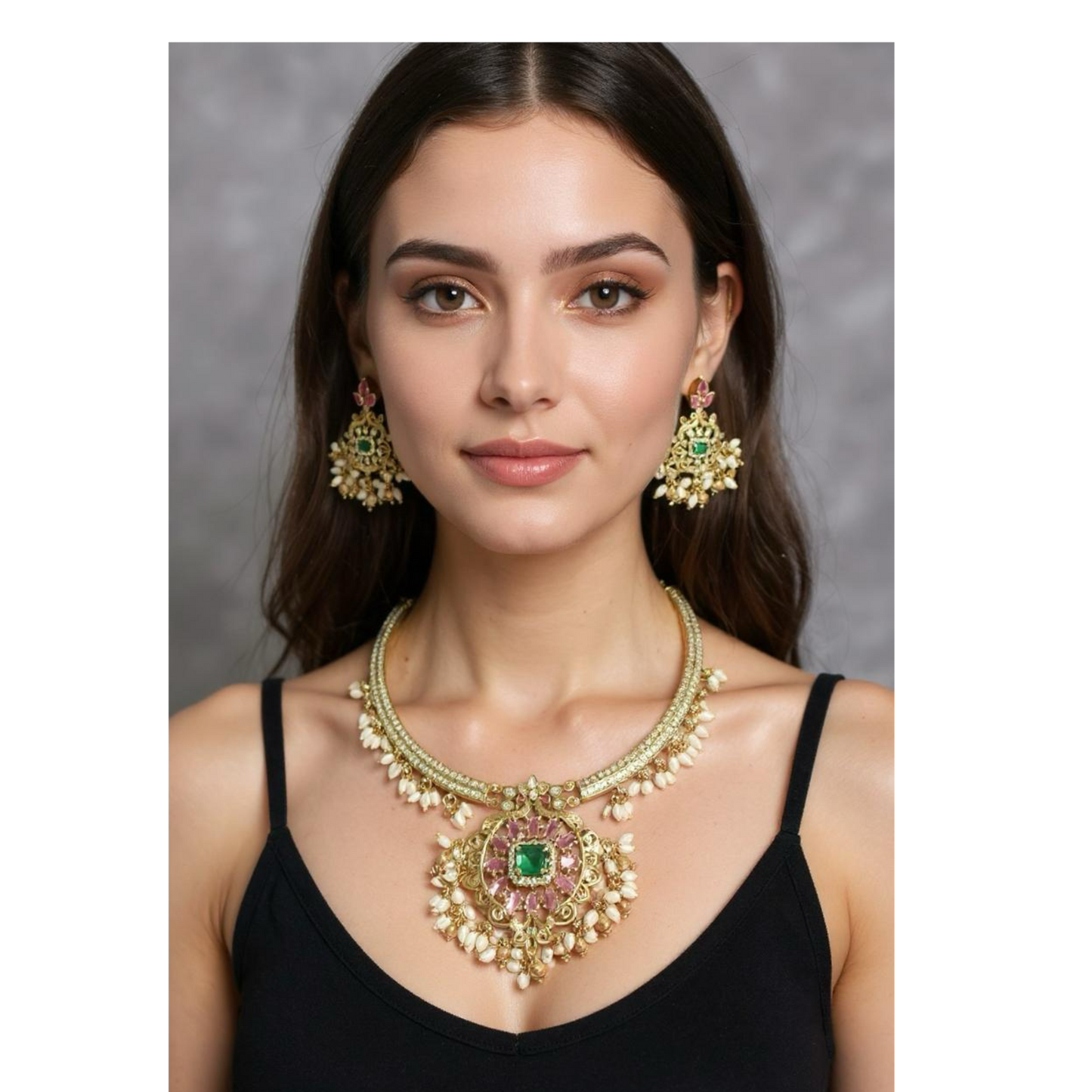 Royal Emerald & Ruby Bridal Necklace Set with Pearl Drops