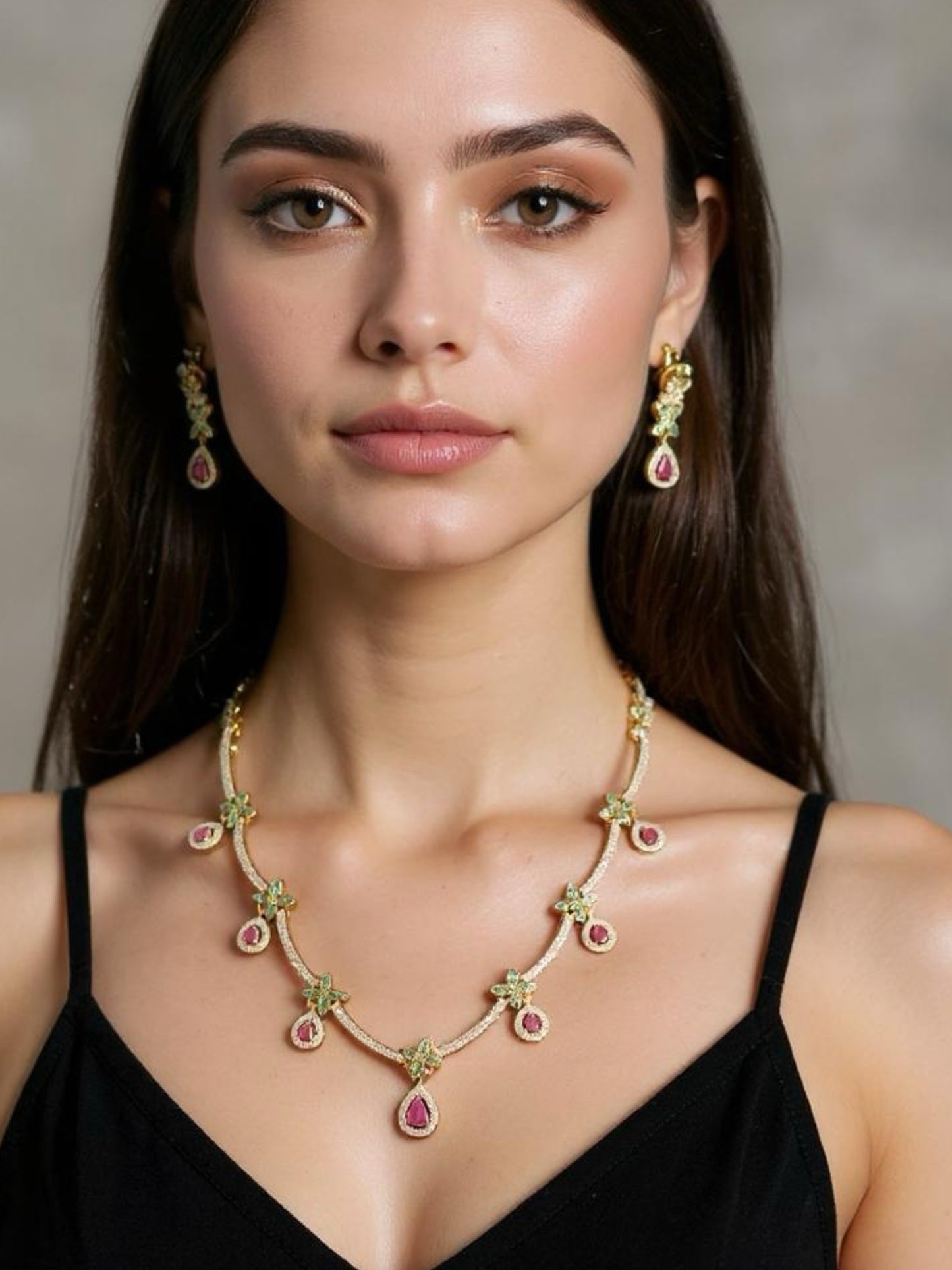 Gold-Plated Necklace & Earring Set with Ruby and Emerald Accents