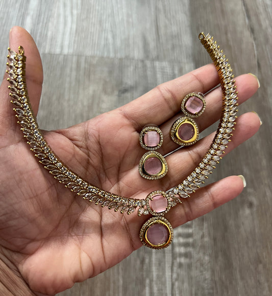 Elegant Gold & Pink Stone Necklace Set