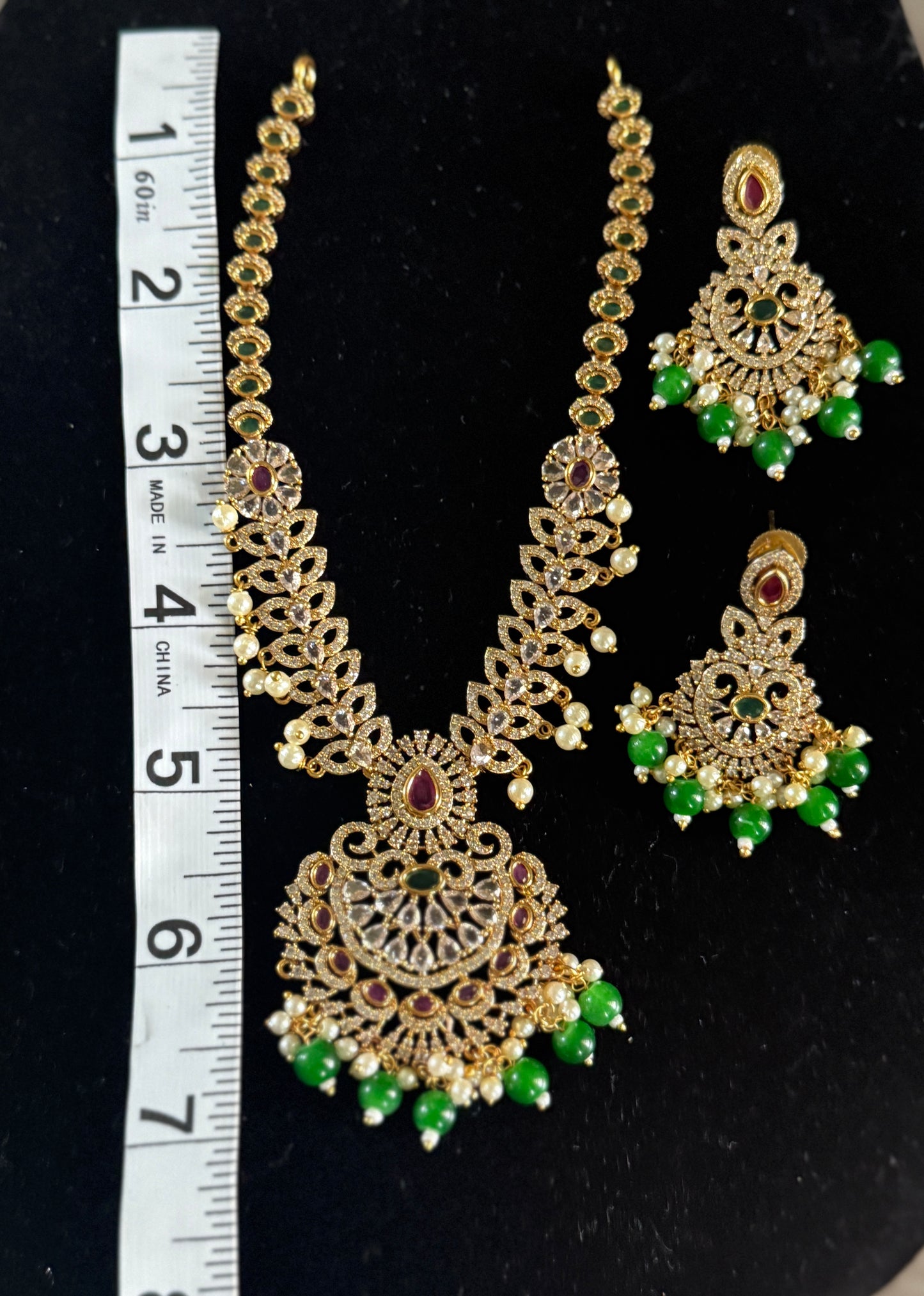 Regal Peacock Motif Necklace Set with Green Bead Drops
