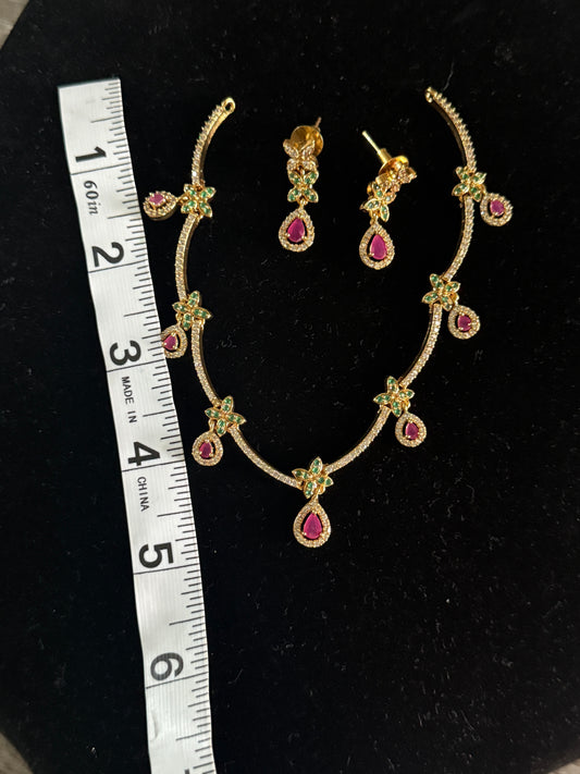 Gold-Plated Necklace & Earring Set with Ruby and Emerald Accents