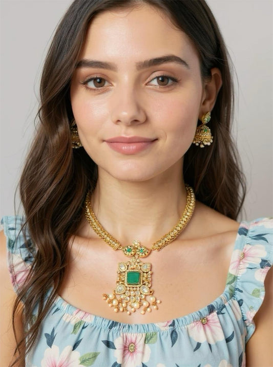 Antique Gold Necklace Set with Green Stone & Pearl Drops