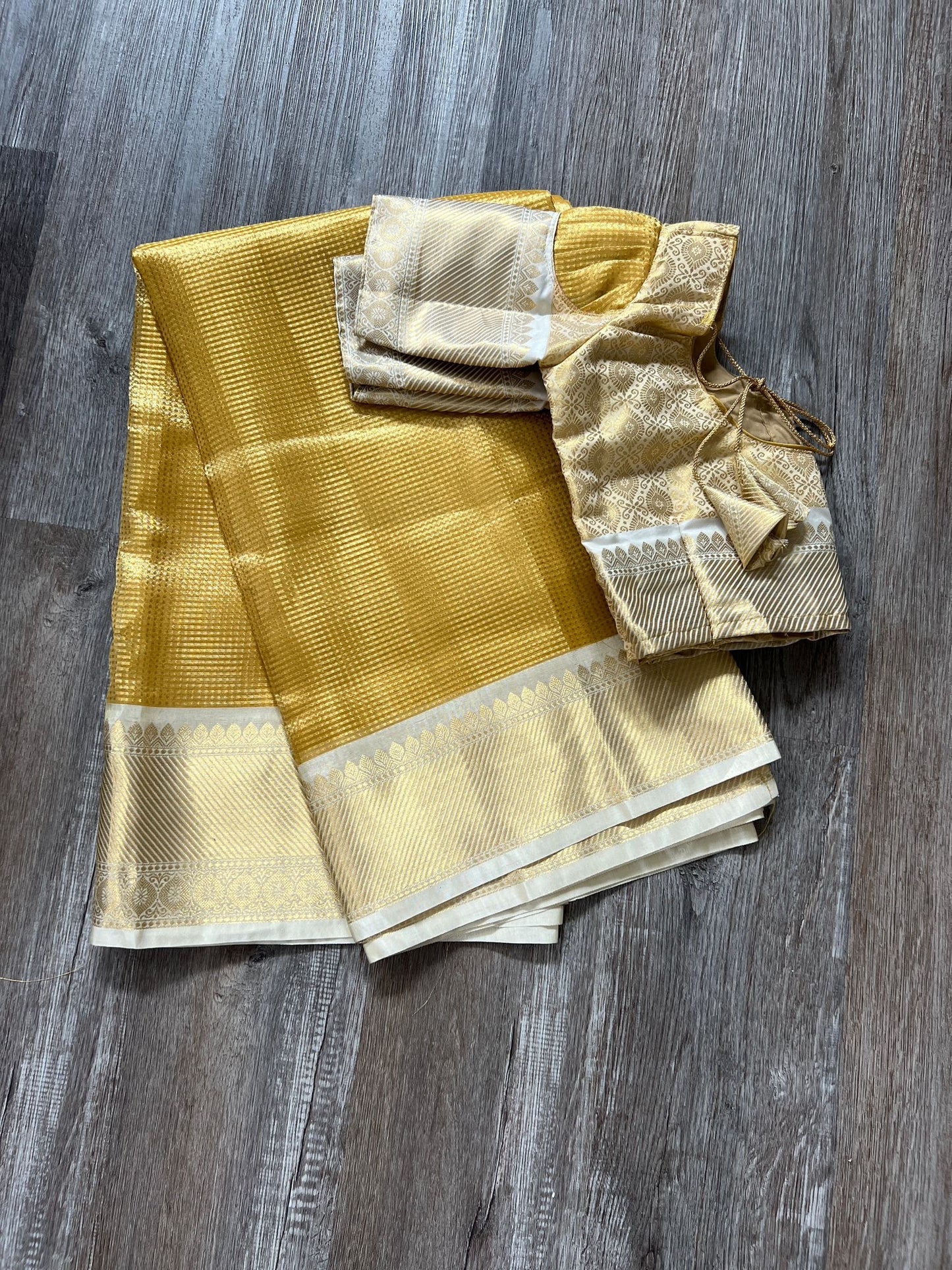 Cream & Gold Silk Blend Saree with Zari Border + Stitched Blouse (Size 36, Extra Margin)