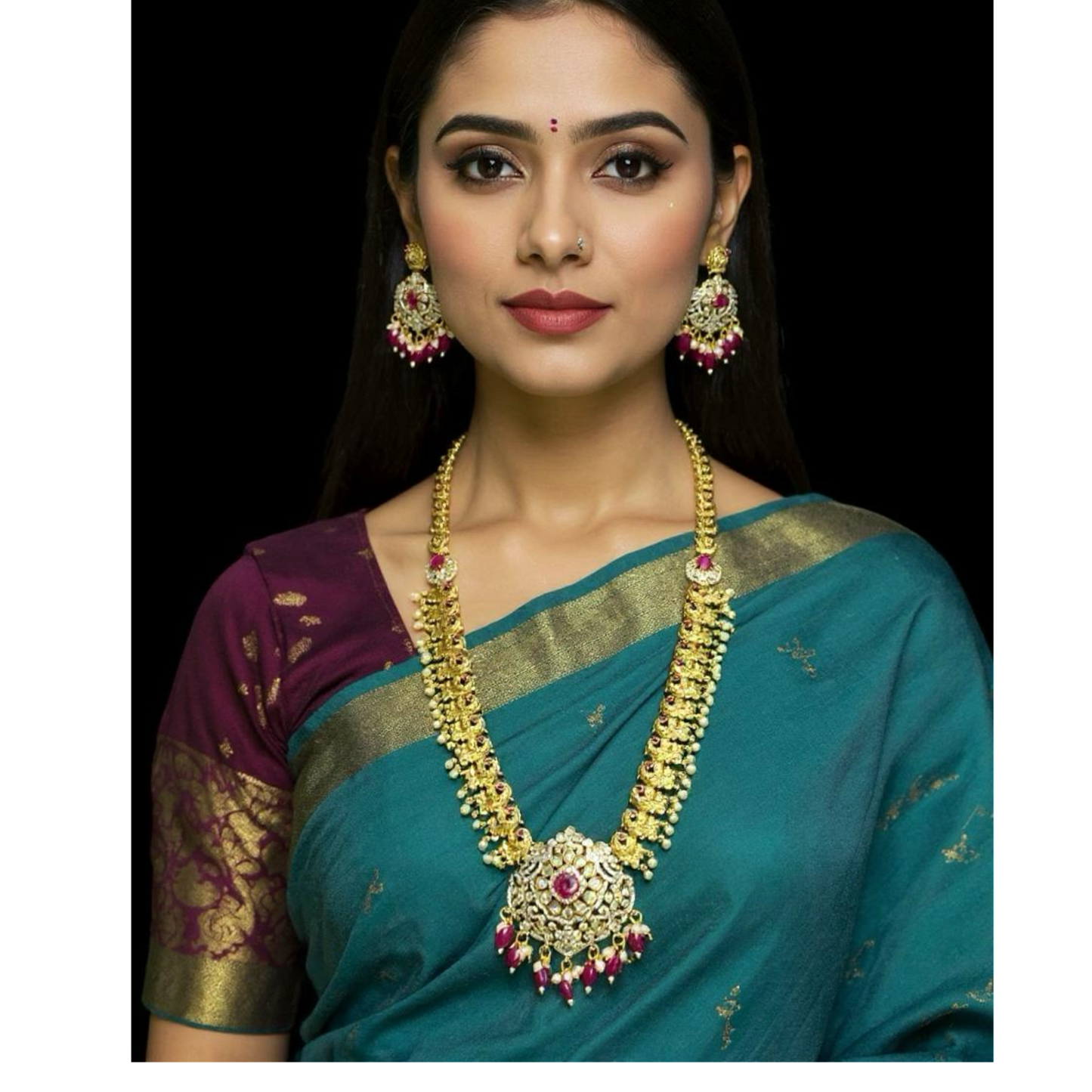 Antique Gold Temple Necklace Set with Ruby Accents