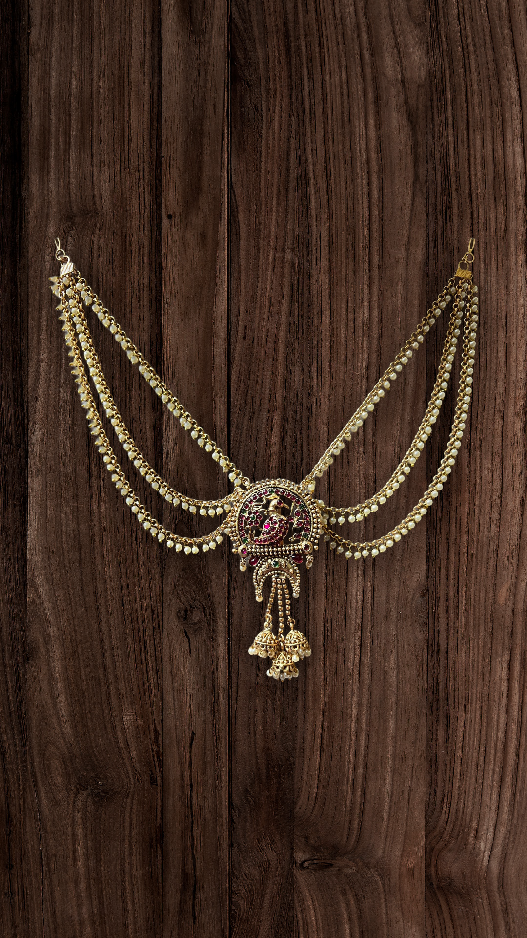 Temple Jewelry Hair Chain – Peacock Pendant & Pearl Drops