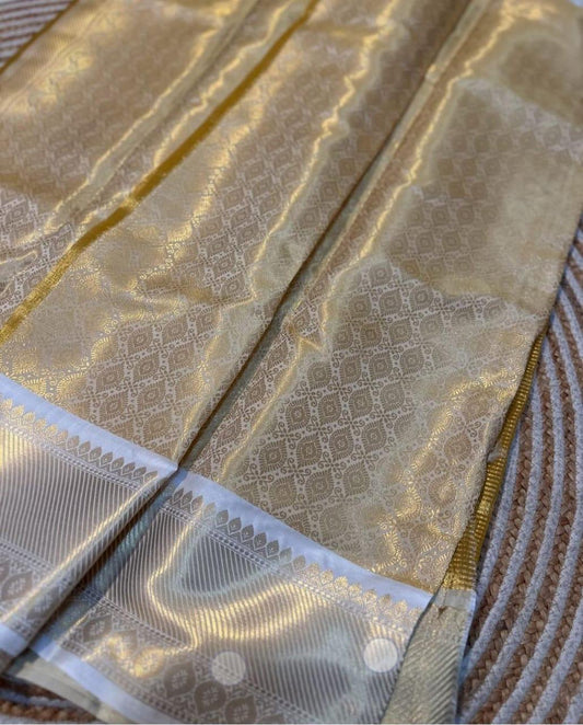 Cream & Gold Silk Blend Saree with Zari Border + Stitched Blouse (Size 36, Extra Margin)