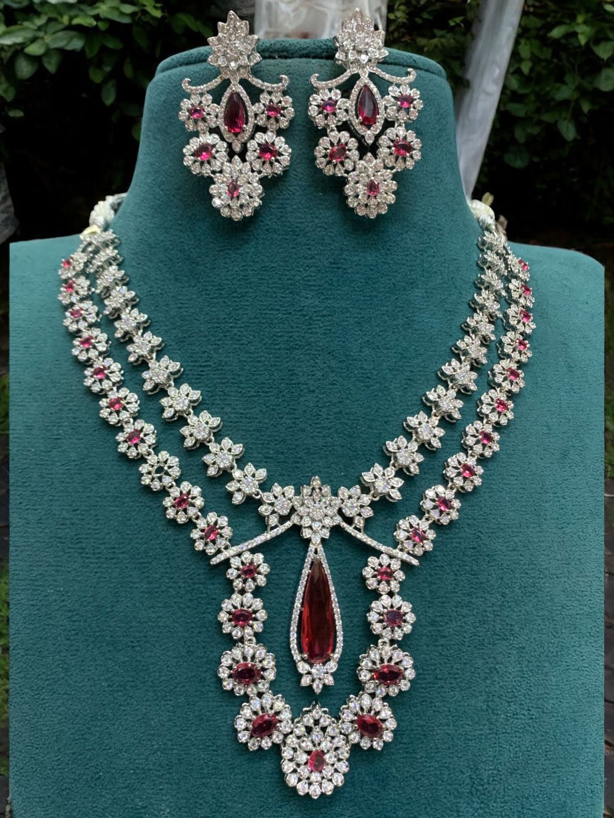 Sparkling Ruby & Diamond-Style Necklace Set