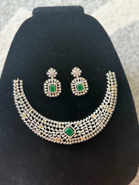 Emerald & Diamond-Style Choker Necklace Set