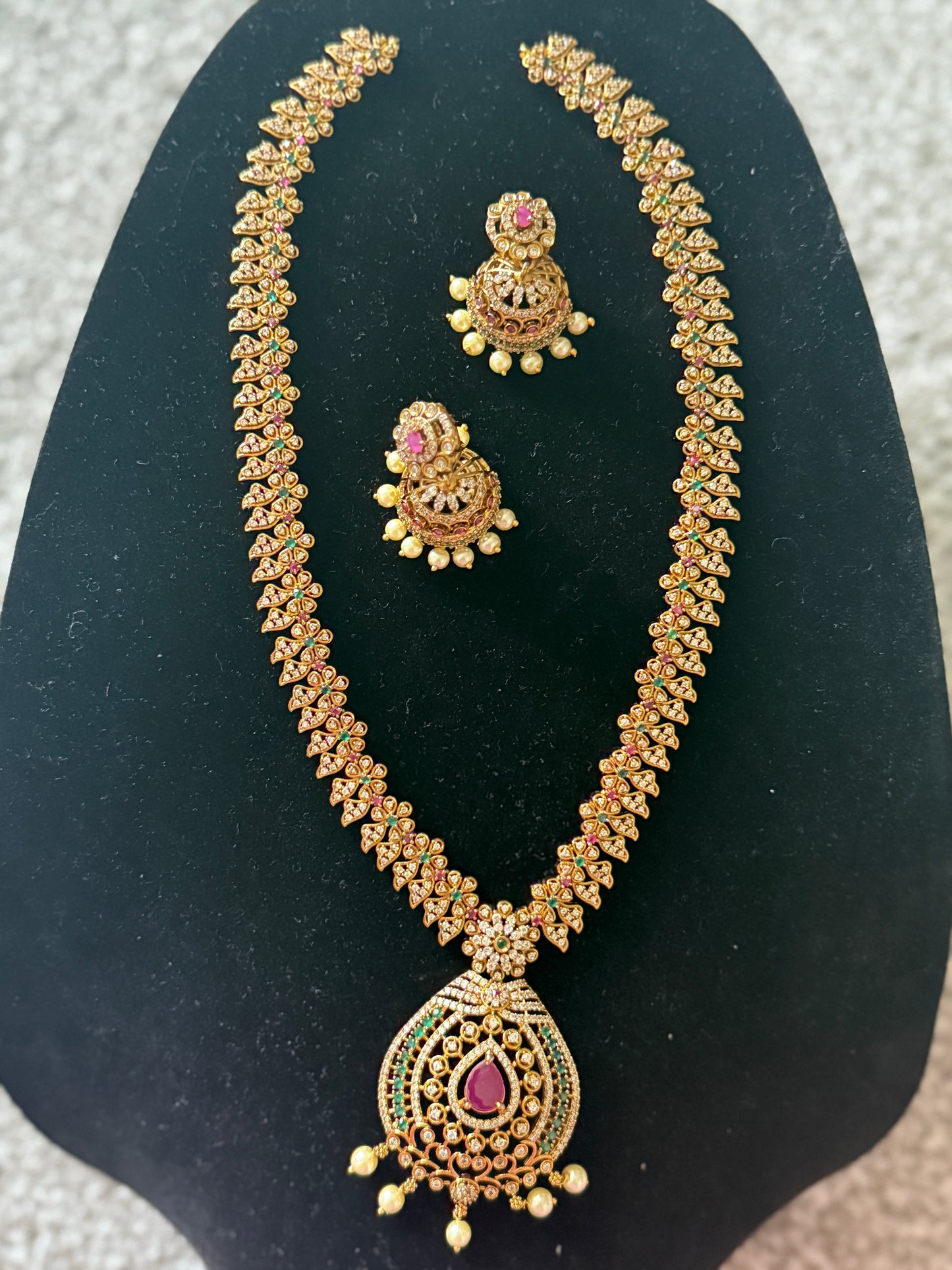 Traditional Gold-Plated Temple Necklace Set with Ruby Stone