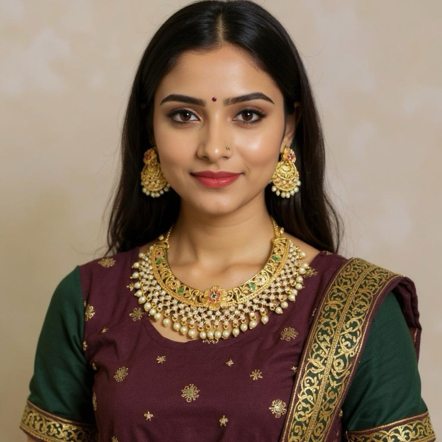 Traditional Temple Jewelry Set – Gold Tone with Pearls & Stones