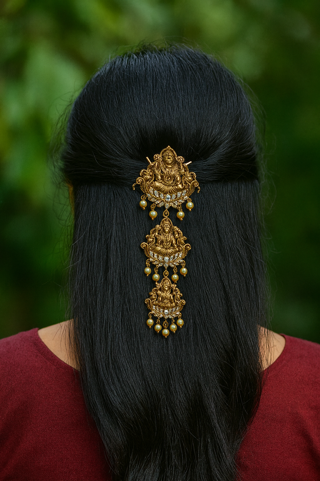 Gold-Tone Temple Jewelry Hair Accessory with Goddess Lakshmi & Pearls