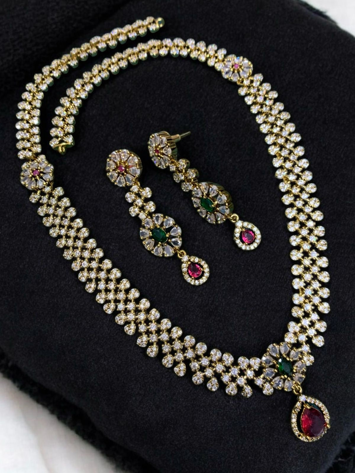 Elegant Stone-Studded Necklace & Earring Set with Multi-Color Accents