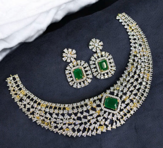 Emerald & Diamond-Style Choker Necklace Set
