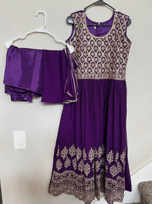 Purple Anarkali Dress with Golden Embroidery – Size M