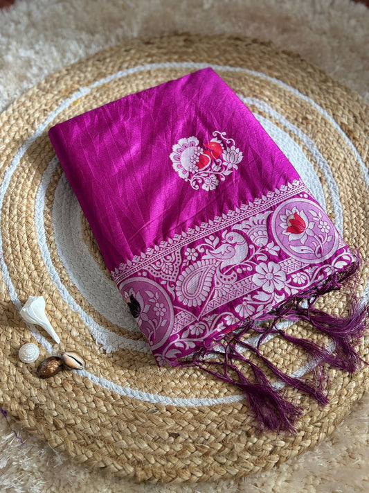 Magenta Pink Silk Blend Saree with Lotus Embroidery & Tassels