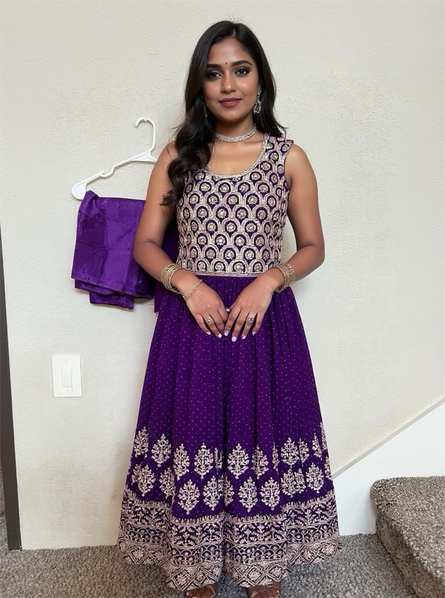 Purple Anarkali Dress with Golden Embroidery – Size M