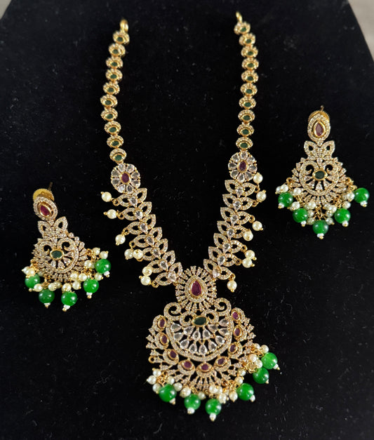 Regal Peacock Motif Necklace Set with Green Bead Drops