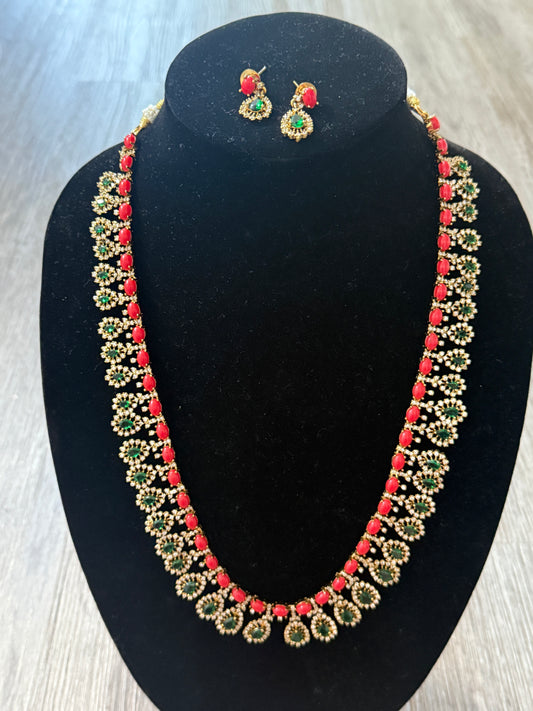 Coral & Emerald Teardrop Necklace Set