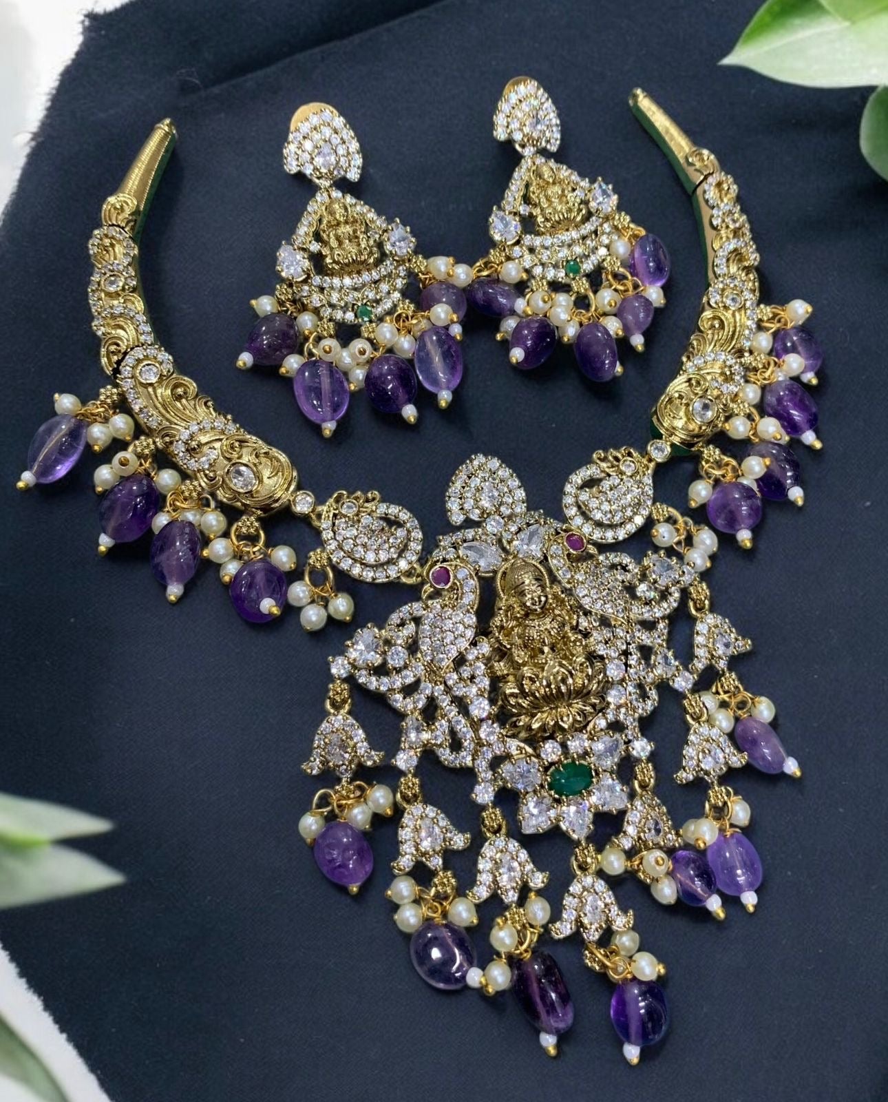 Temple Jewelry Gold-Plated Necklace Set with Goddess Lakshmi Pendant & Purple Beads