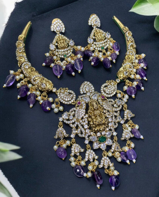 Temple Jewelry Gold-Plated Necklace Set with Goddess Lakshmi Pendant & Purple Beads