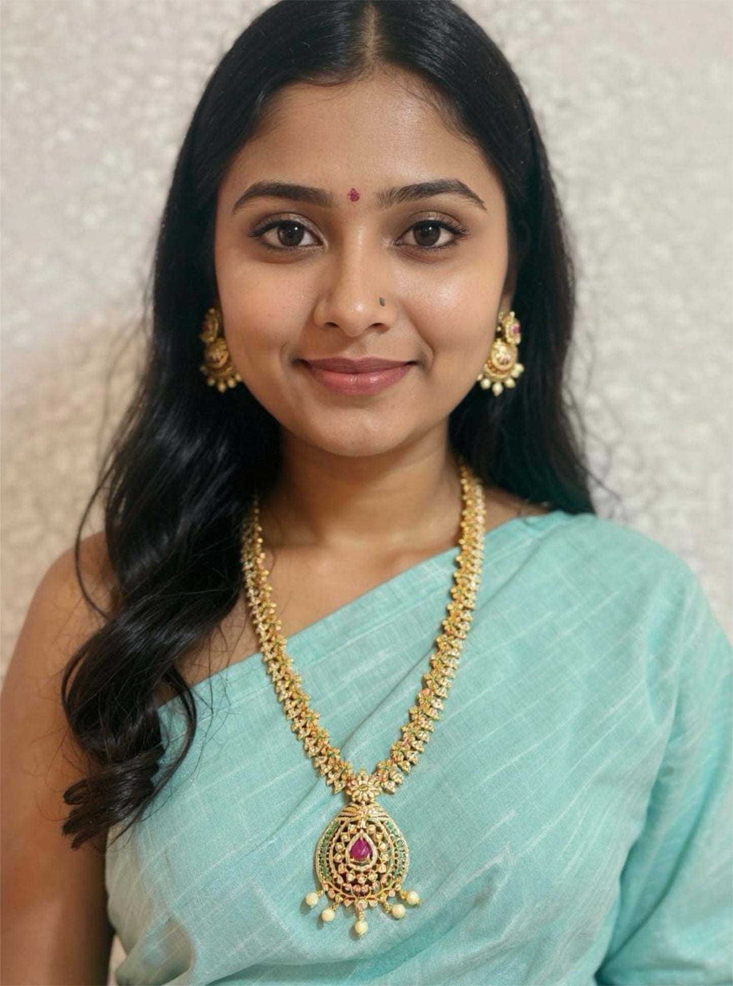 Traditional Gold-Plated Temple Necklace Set with Ruby Stone