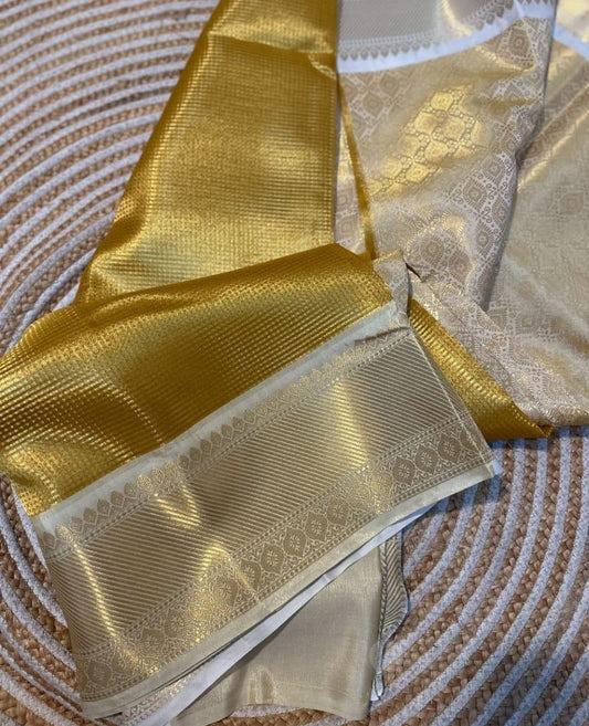 Cream & Gold Silk Blend Saree with Zari Border + Stitched Blouse (Size 36, Extra Margin)