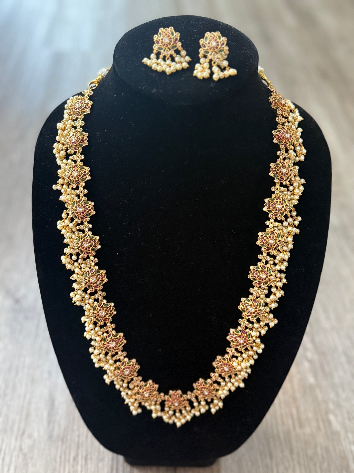 Traditional Gold-Plated Floral Long Necklace with Pearl Drops