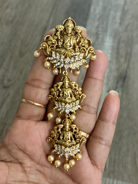 Gold-Tone Temple Jewelry Hair Accessory with Goddess Lakshmi & Pearls