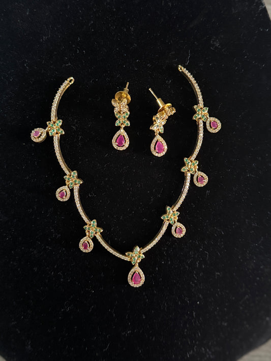Gold-Plated Necklace & Earring Set with Ruby and Emerald Accents