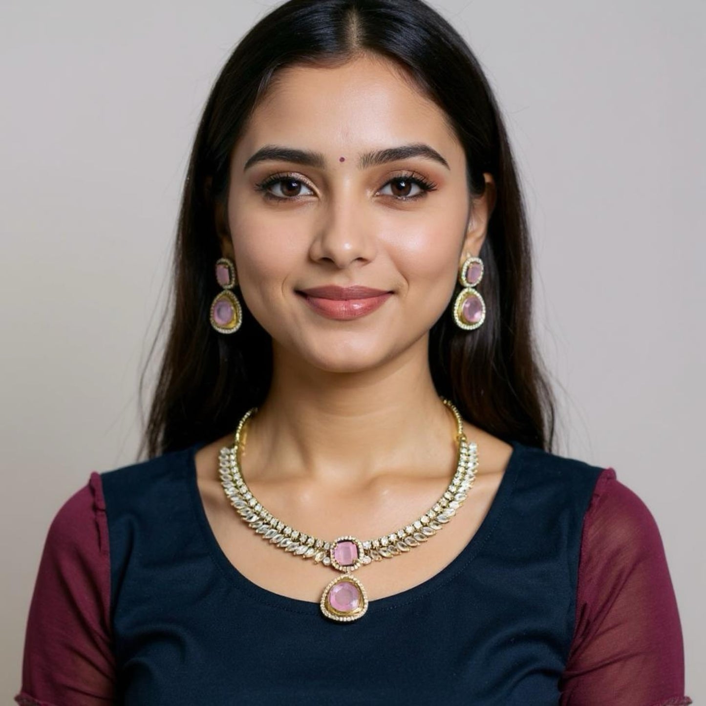 Elegant Gold & Pink Stone Necklace Set