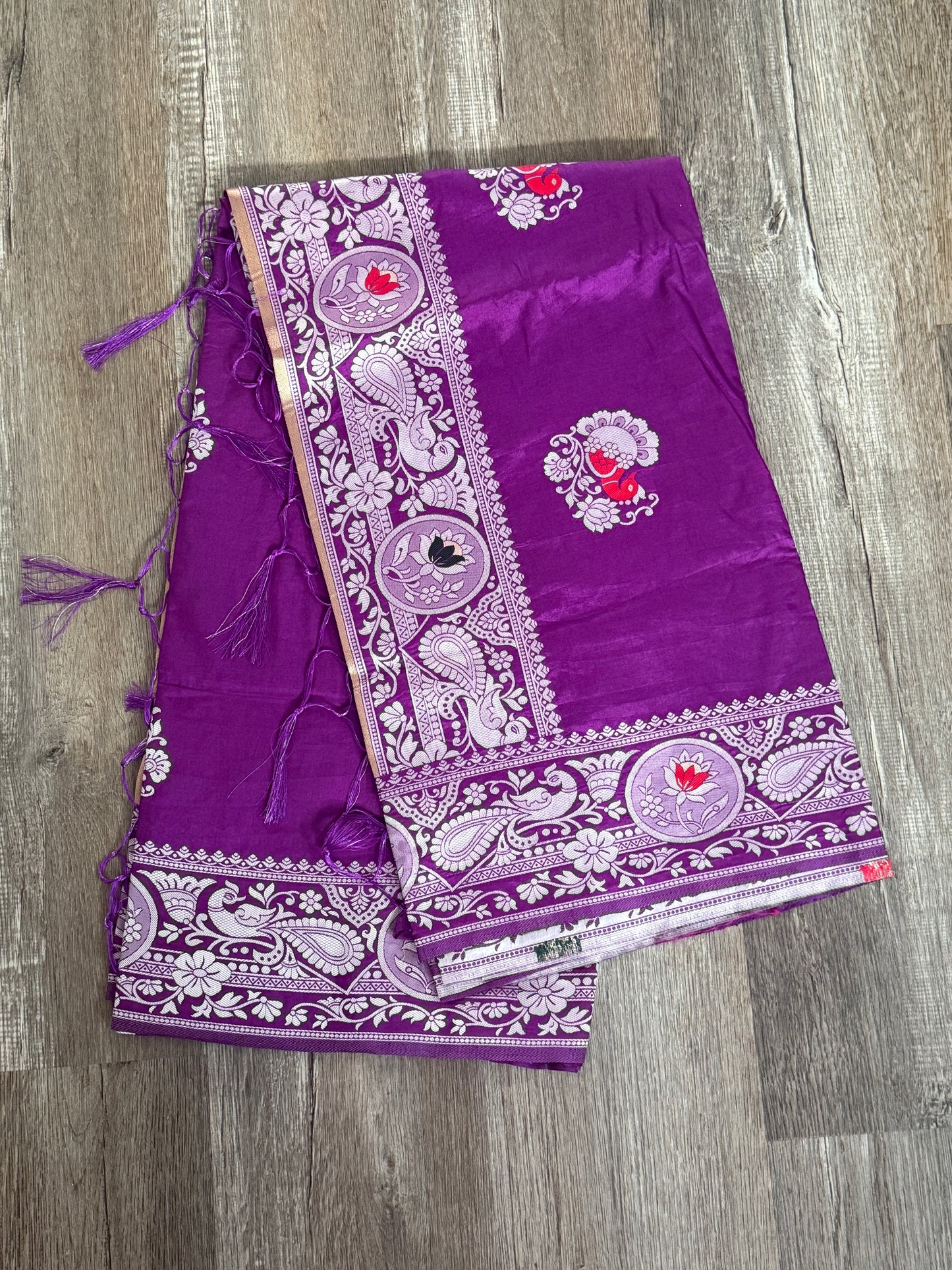 Magenta Pink Silk Blend Saree with Lotus Embroidery & Tassels