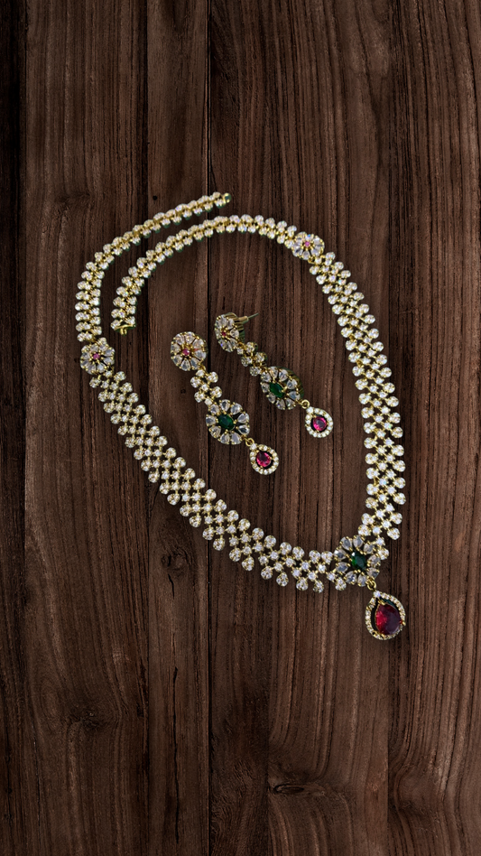 Elegant Stone-Studded Necklace & Earring Set with Multi-Color Accents