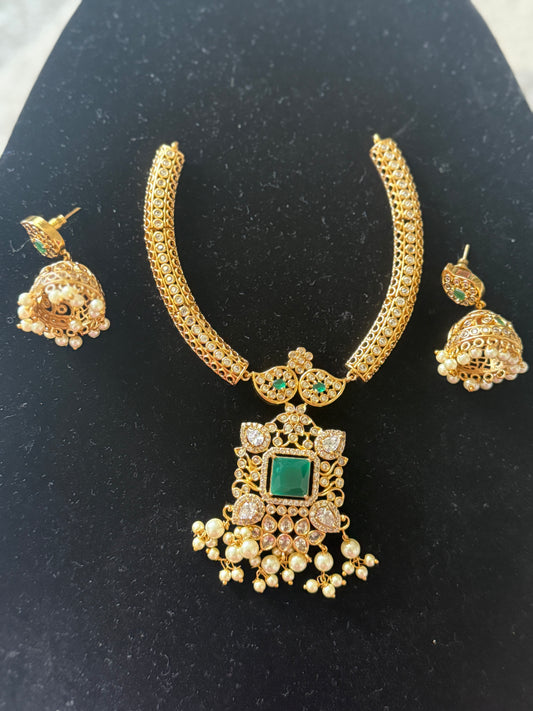 Antique Gold Necklace Set with Green Stone & Pearl Drops