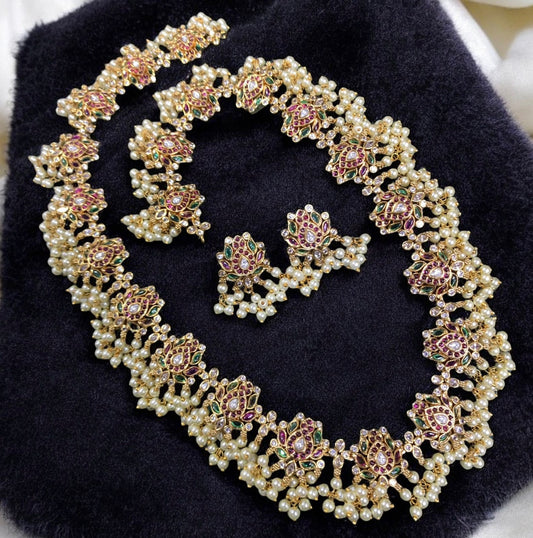 Traditional Gold-Plated Floral Long Necklace with Pearl Drops