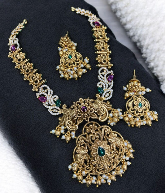 Antique Gold Temple Necklace Set with Pearls