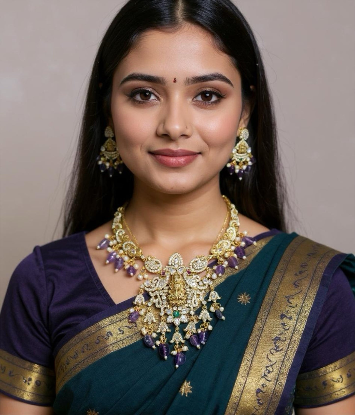 Temple Jewelry Gold-Plated Necklace Set with Goddess Lakshmi Pendant & Purple Beads