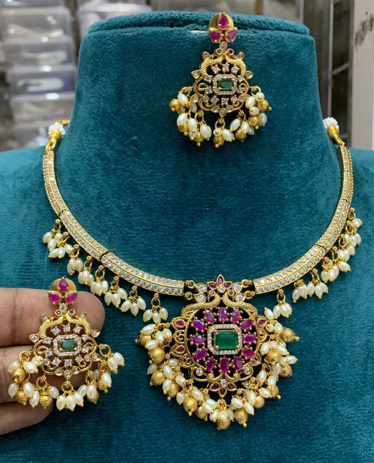 Royal Emerald & Ruby Bridal Necklace Set with Pearl Drops