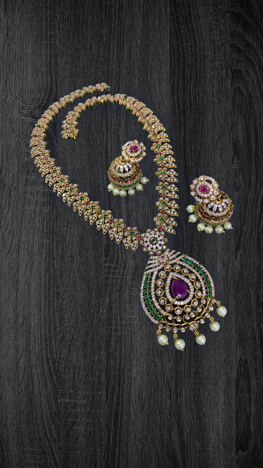 Traditional Gold-Plated Temple Necklace Set with Ruby Stone