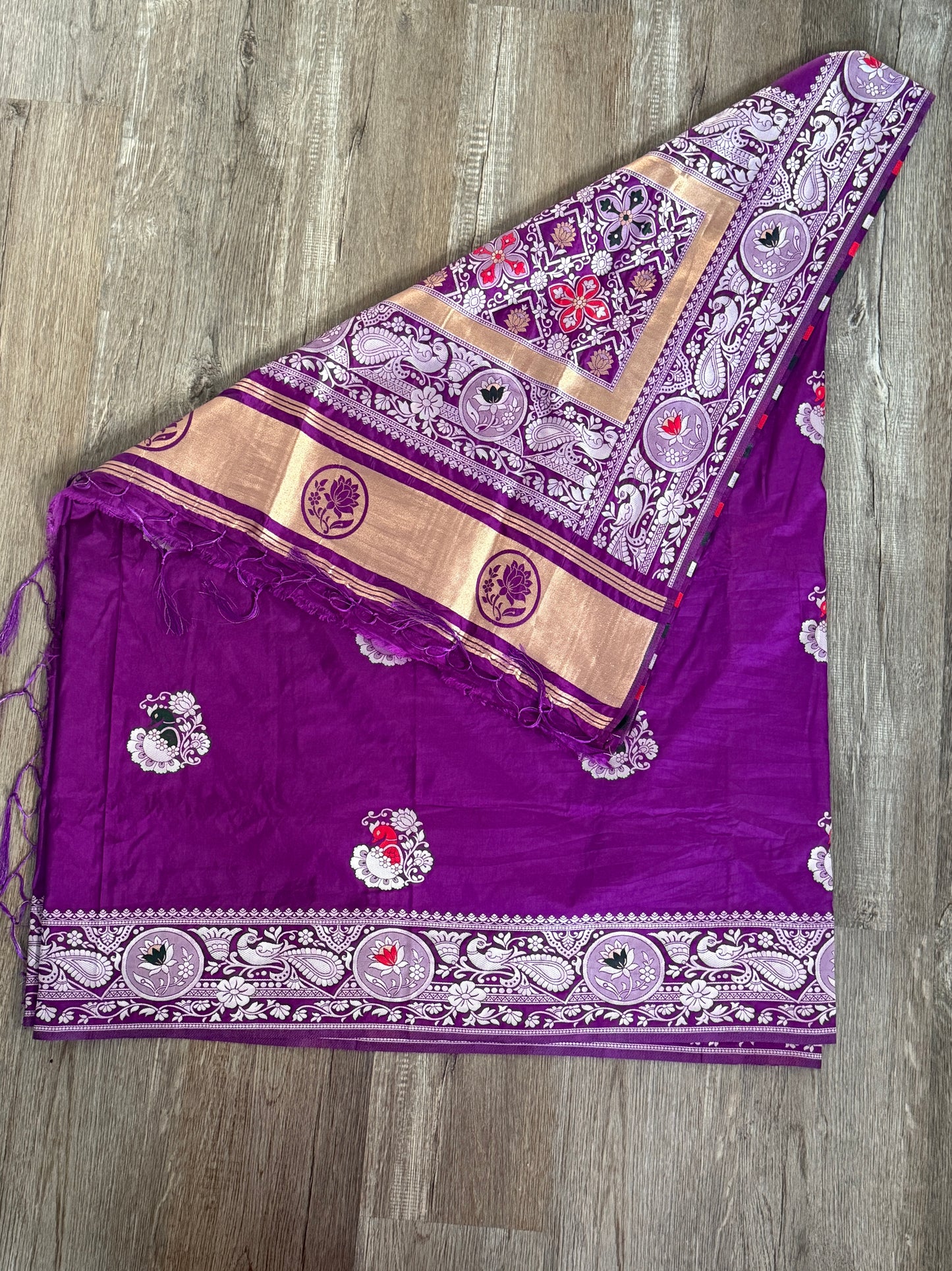 Magenta Pink Silk Blend Saree with Lotus Embroidery & Tassels