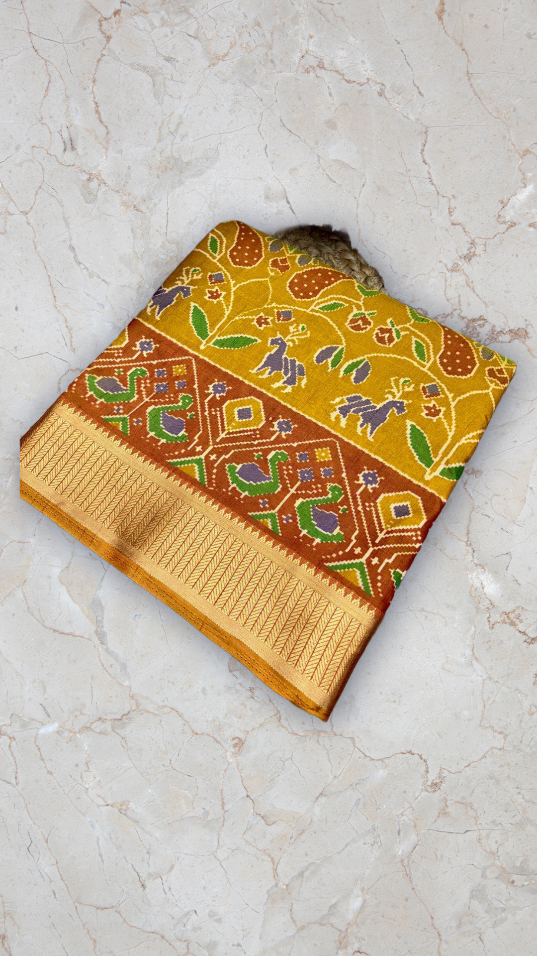 Mustard Yellow Ikat-Style Saree with Zari Border