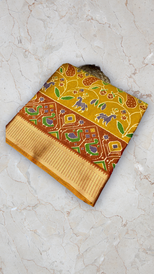Mustard Yellow Ikat-Style Saree with Zari Border