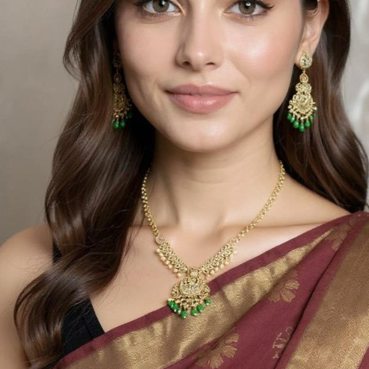 Regal Peacock Motif Necklace Set with Green Bead Drops