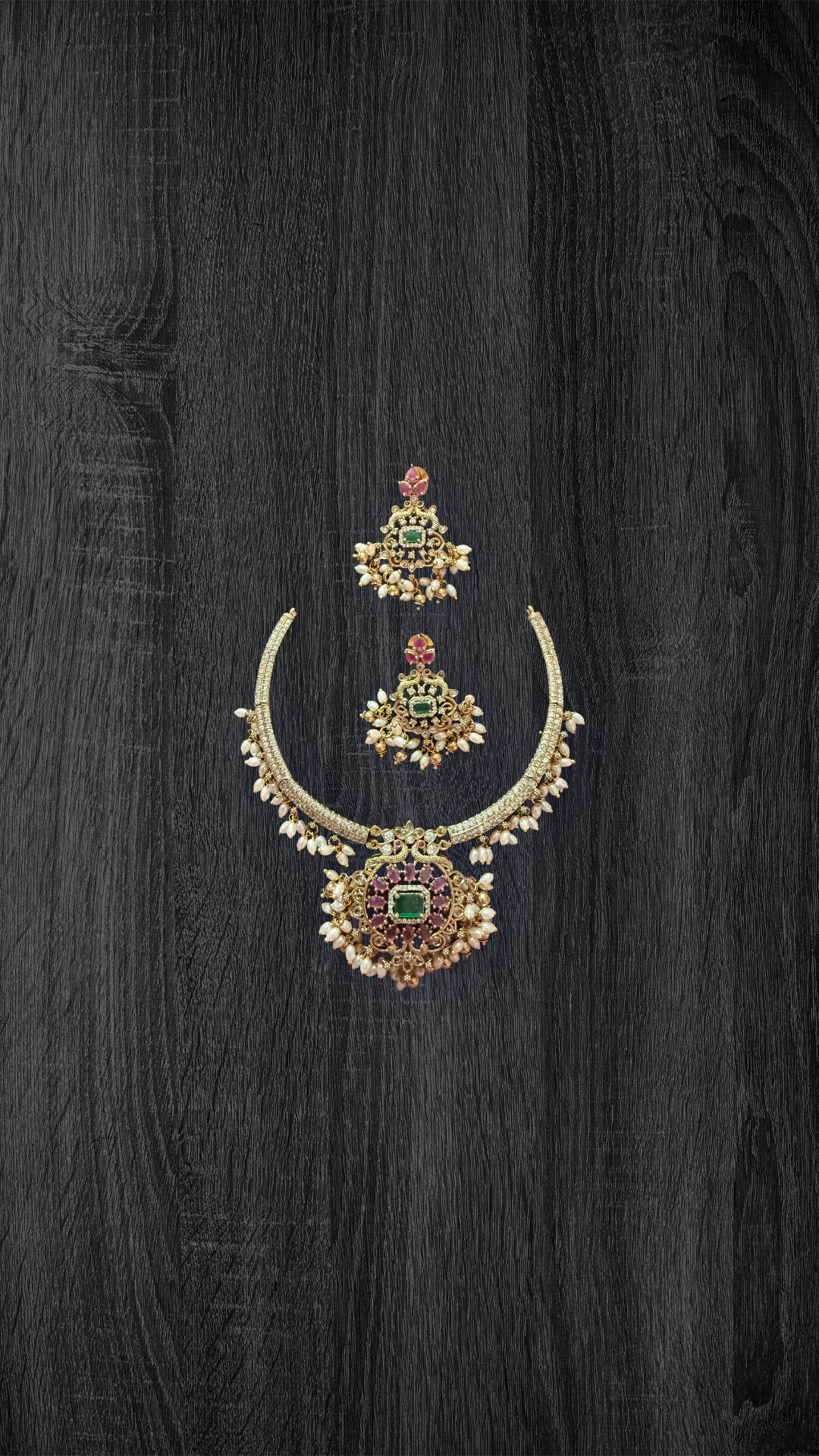 Royal Emerald & Ruby Bridal Necklace Set with Pearl Drops