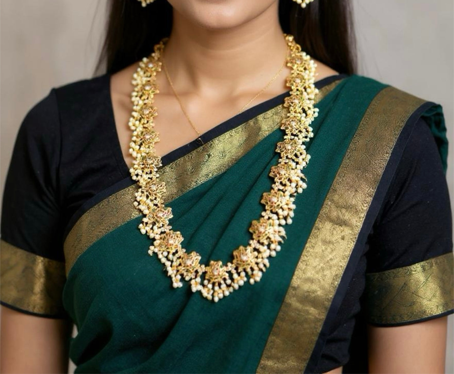 Traditional Gold-Plated Floral Long Necklace with Pearl Drops