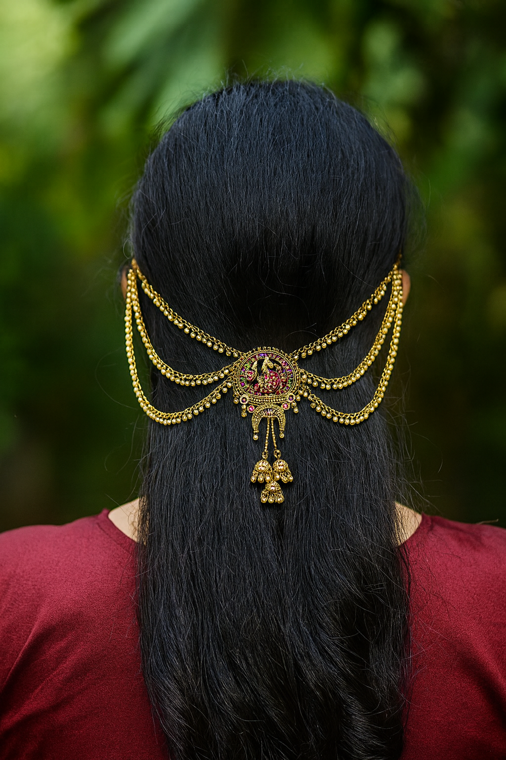 Temple Jewelry Hair Chain – Peacock Pendant & Pearl Drops