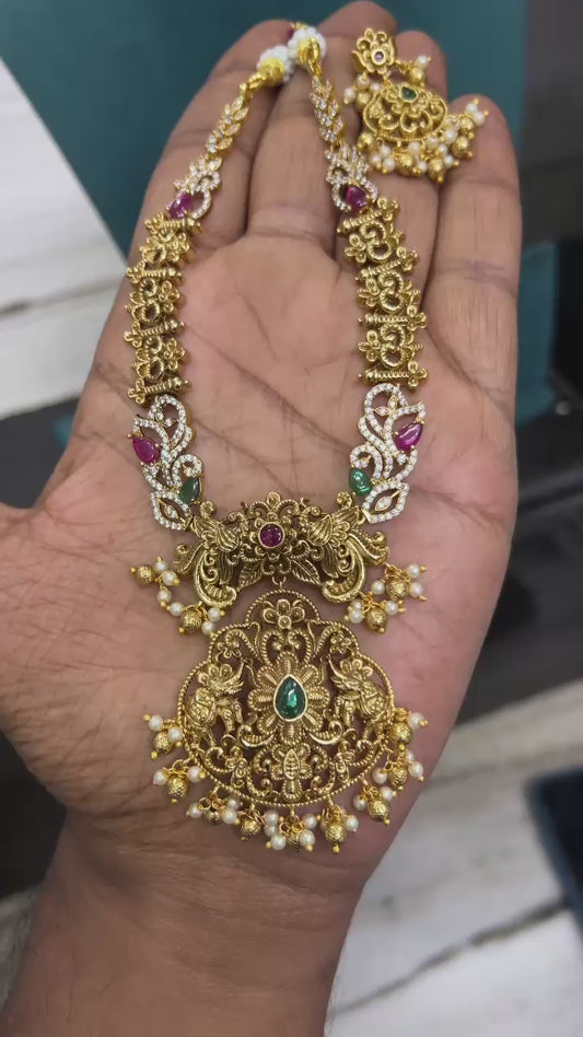 Antique Gold Temple Necklace Set with Pearls